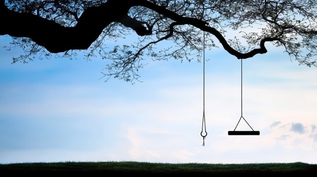 A lone swing set swaying back and forth in the wind beneath a gnarled tree with a noose hanging from one of its branches casting a disturbing shadow on the ground below.