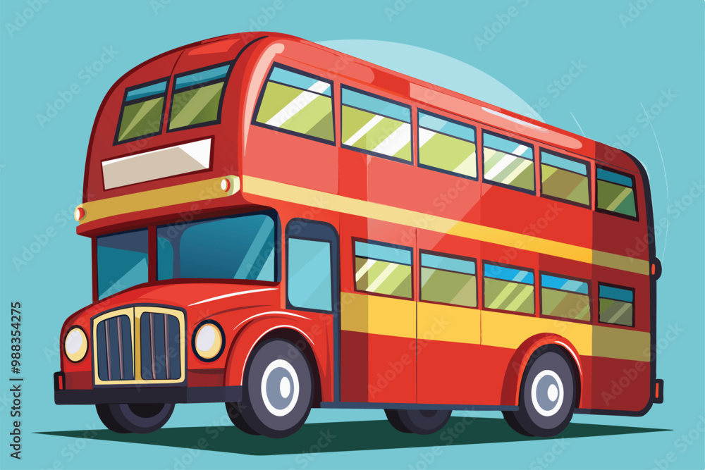 Poster a vibrant cartoon-style double decker bus is designed for customization, showcasing its lively color