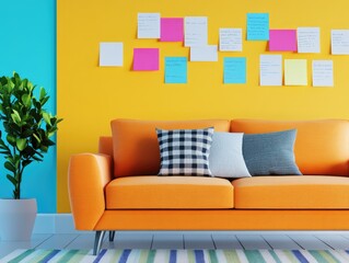 Bright and modern living room with colorful decor