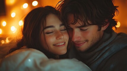 close up of mid adult couple lying in bed at night, hugging, looking at each other