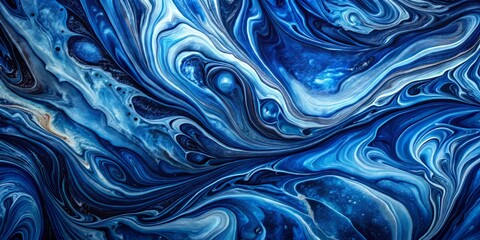 Organic indigo shapes merge with swirling marbled textures, softly illuminated by ambient light, evoking a visually striking harmony.