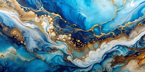 Turbulent fusion of blue and white essences with flecks of gold flows over a maroon and bronze expanse basking in serene, otherworldly radiance.