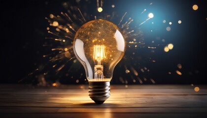 A glowing light bulb radiates sparks, symbolizing creativity and innovation against a dark background.