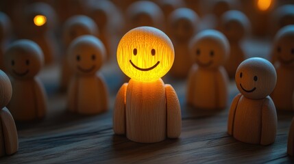 A small wooden puppet glowing with light, smiling in contrast to the surrounding frowning puppets, symbolizing creativity and innovation.