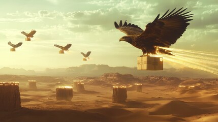 Obraz premium A futuristic scene where an eagle with a state-of-the-art harness delivers packages across a vast metropolis, combining nature with cutting-edge technology for the fastest delivery service.