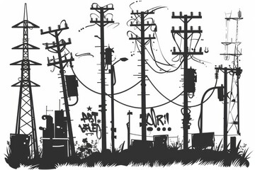 Power line icon, electric main graffiti spray symbol, electric line minimal emblem, lamps, power line pictogram