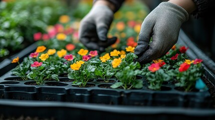 close up of replanting flower seedlings from tray taking care of garden, planting spring flowers
