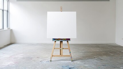 A blank canvas rests on an easel, inviting creativity in a bright artist studio adorned with various tools and supplies