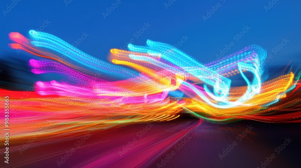 Poster colorful lights dynamically blend and swirl, creating an abstract motion blur effect reminiscent of 