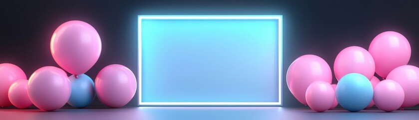 Obraz premium Pastel Colored Background with Neon Frame and Balloons