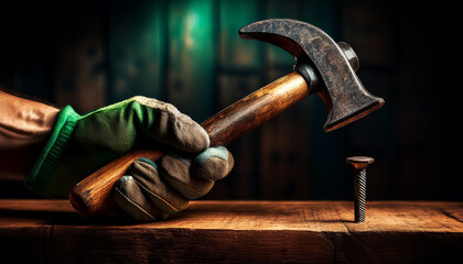Hand with green and black protective work glove holding an old steel claw hammer with brown wooden handle, on a wooden workbench with a nail and copy space. Generative Ai.