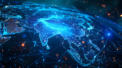 dynamic digital world map emphasize Asia continental for AI powered global network connectivity big data transfer cyber technology network information exchange and telecommunication	