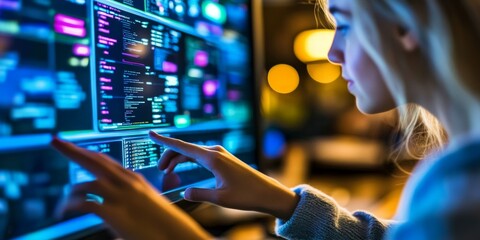 Digital analytics data visualization. Business. Big data. Network connection. Artificial intelligence technology. Digital tech. Female, gesturing, using digital interface display.