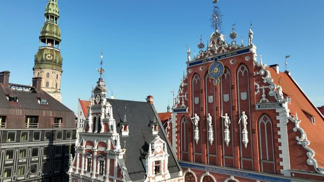 Aerial view of Riga tourist center and Melngalvju nams Blackheads House on a summer day, Latvia