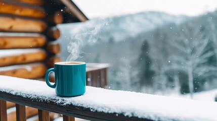 A snow-covered cabin with smoke curling from the chimney, a coffee cup sitting on the porch railing, with soft snowflakes falling, winter vibes, soft lighting, photography, serene