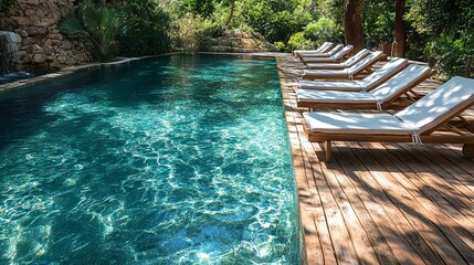 Tranquil Poolside Oasis with Lounging Chairs and Lush Greenery