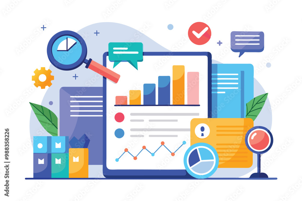 Poster graphs and charts demonstrate data analysis while various tools and elements enhance a workspace foc