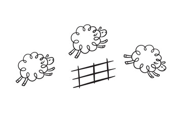 Doodle line cute sheep jumping over fence. Good night sleep poster. Counting sheep to fall asleep. 