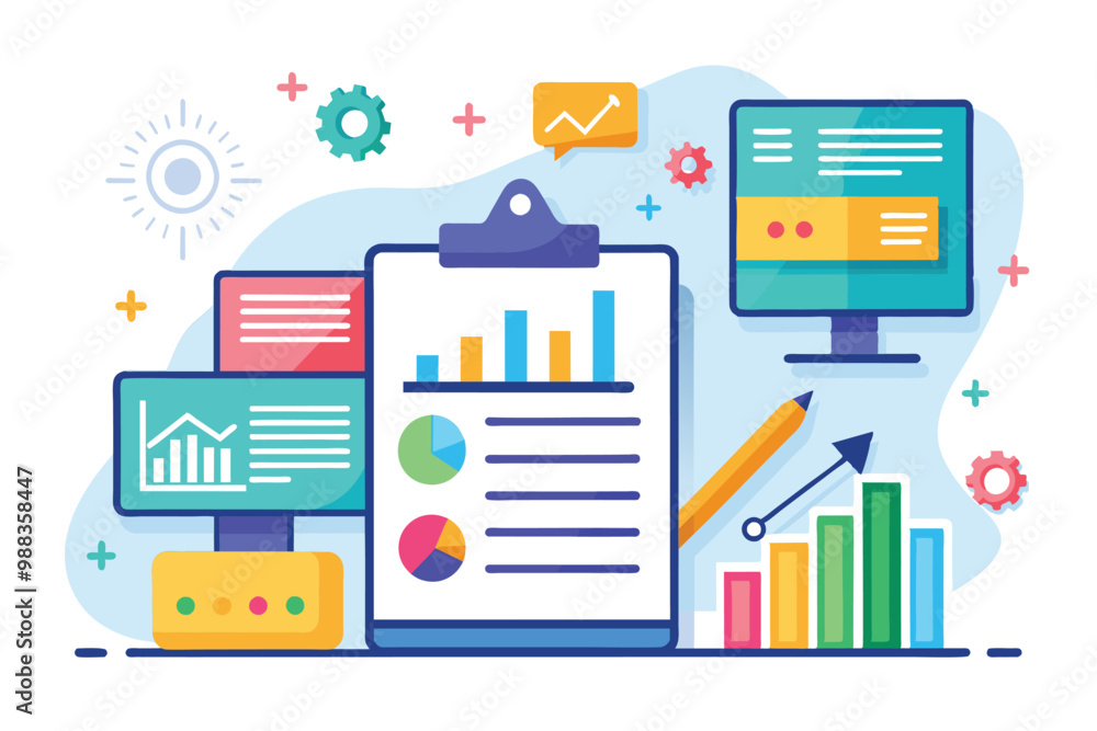 Poster visual representation of important document data displayed on various monitors alongside charts, gra