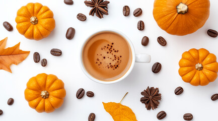 A cup of pumpkin coffee, on a white background, created using Generative AI technology.