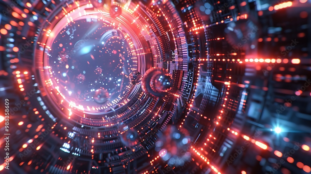 Poster digitally rendered image depicting a futuristic tunnel with glowing lights. the tunnel is filled wit