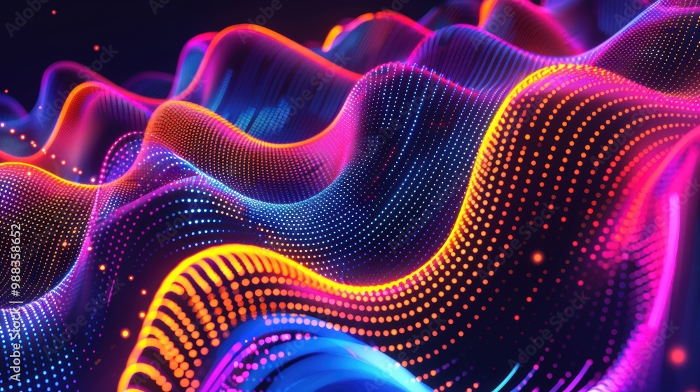 Poster glowing dots and lines form abstract digital waves, flowing smoothly in vibrant colors against a dar