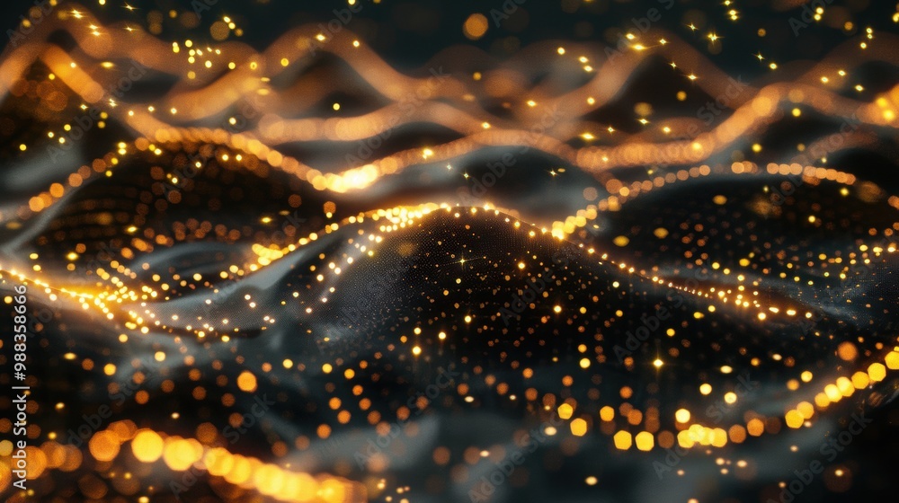 Poster vibrant glowing dots form flowing waves in a mesmerizing abstract display, showcasing dynamic moveme