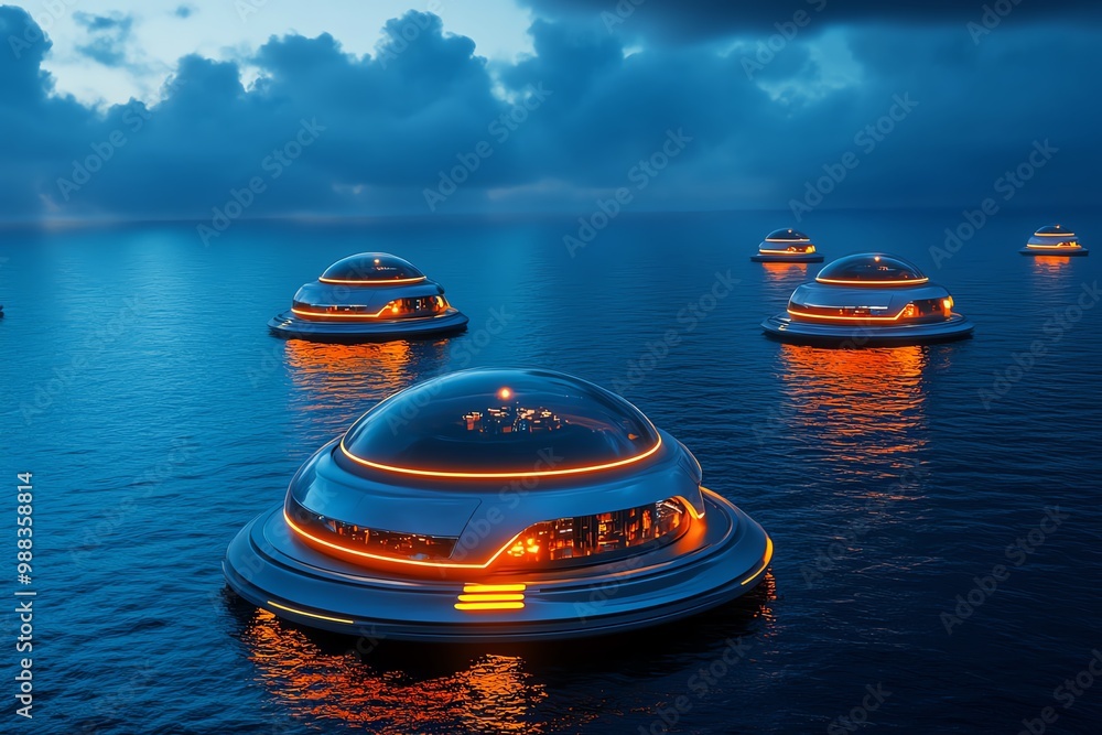 Aufkleber futuristic floating city, using advanced technology to hover just above the surface of the ocean, wi