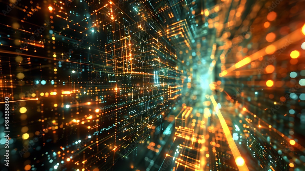 Poster abstract digital tunnel with light streaks and glowing lines creating a dynamic and futuristic aesth