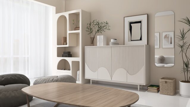 Luxury, modern living room wooden coffee table on rug, cabinet in sunlight from window arch with sheer curtain on cream wall for interior design decoration, product background 3D