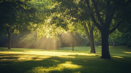 A serene outdoor scene with trees and grass is illuminated by soft, natural light evoking peacefulness and calm