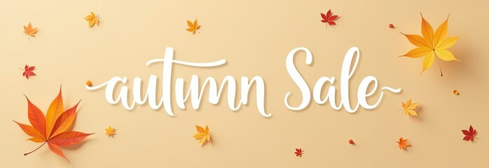 Autumn Sale lettering in white letters on a red background surrounded by falling leaves. Poster for the store, discounts in the store. Autumn shopping concept.