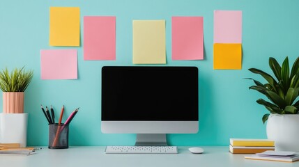 Modern workspace with colorful sticky notes and plants