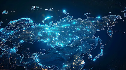 dynamic digital world map emphasize America and Asia continental for AI powered global network connectivity big data transfer cyber technology network information exchange and telecommunication	