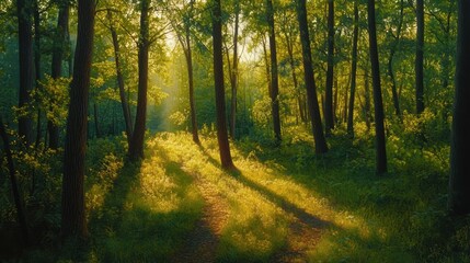 Fototapeta premium Sunlight filters through dense forest trees creating long shadows and illuminating vibrant green foliage with a soft, golden hue