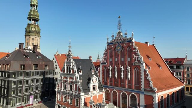 Aerial view of Riga tourist center and Melngalvju nams Blackheads House on a summer day, Latvia