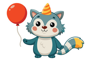 Fototapeta premium A charming cartoon animal with a balloon enjoys a joyful celebration, wearing a colorful party hat and radiating happiness in a vibrant environment.