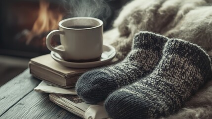 Cozy Winter Moment with Books, Socks, and a Cup of Tea