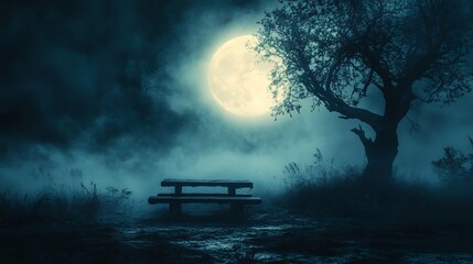 Old wooden table and the silhouette of a gnarled tree under the moonlight for a spooky Halloween...