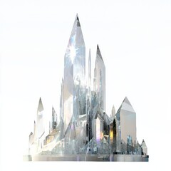 3D Render of a crystal temple with sparkling crystal formations and translucent walls, on isolated white background
