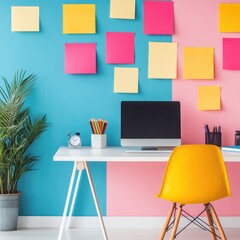 Bright and modern home office with colorful wall decor