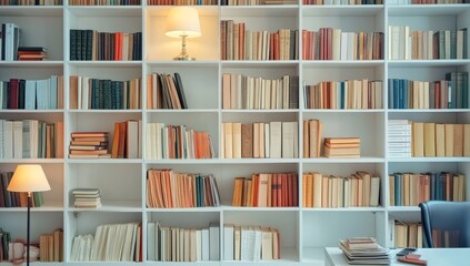 A white bookshelf filled with various books, including hardcover and paperback options.