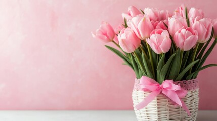 Obraz premium A beautiful basket overflowing with pink tulips, elegantly tied with a ribbon, set on a pale pink surface, perfect for spring occasions