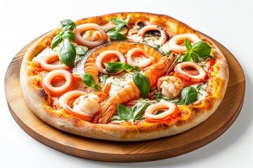 Hot Seafood Pizza, Fried Yeasted Flatbread with Squid Rings and Red Fish, Salmon or Trout Fillets