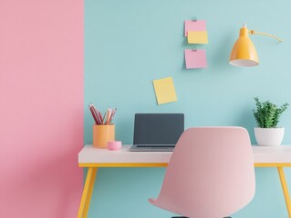 Stylish home office with colorful decor and modern workspace