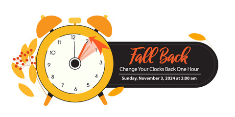 Fall Back concept. Clock changing back one hour with schedule information, 3 November 2024. Daylight Saving Time banner. Vector illustration