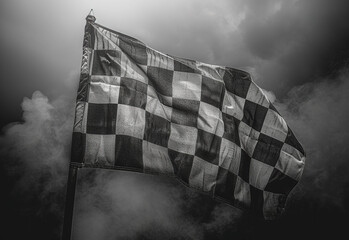 Checkered flag finish line of car race fluttering in the wind. Black and white flag in smoke dark background.