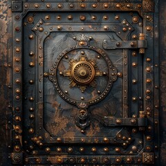 Fototapeta premium Retro Steampunk Safe, Vintage Banking, Ornate Steel Safe Drawing Imitation, Abstract Generative AI Illustration