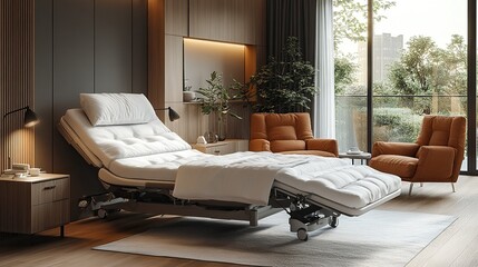 empty adjustable bed in room in private modern hospital
