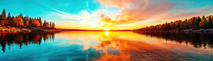 Serene Sunset Reflection on Calm Lake in Forested Wilderness - Tranquil Nature's Beauty